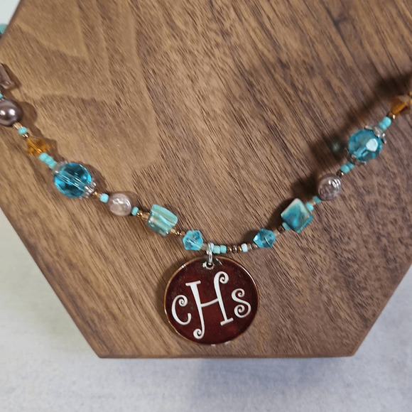 Beaded Turquoise And Brown Necklace Monogram CHS Fashion Jewelry Highschool - Picture 2 of 4